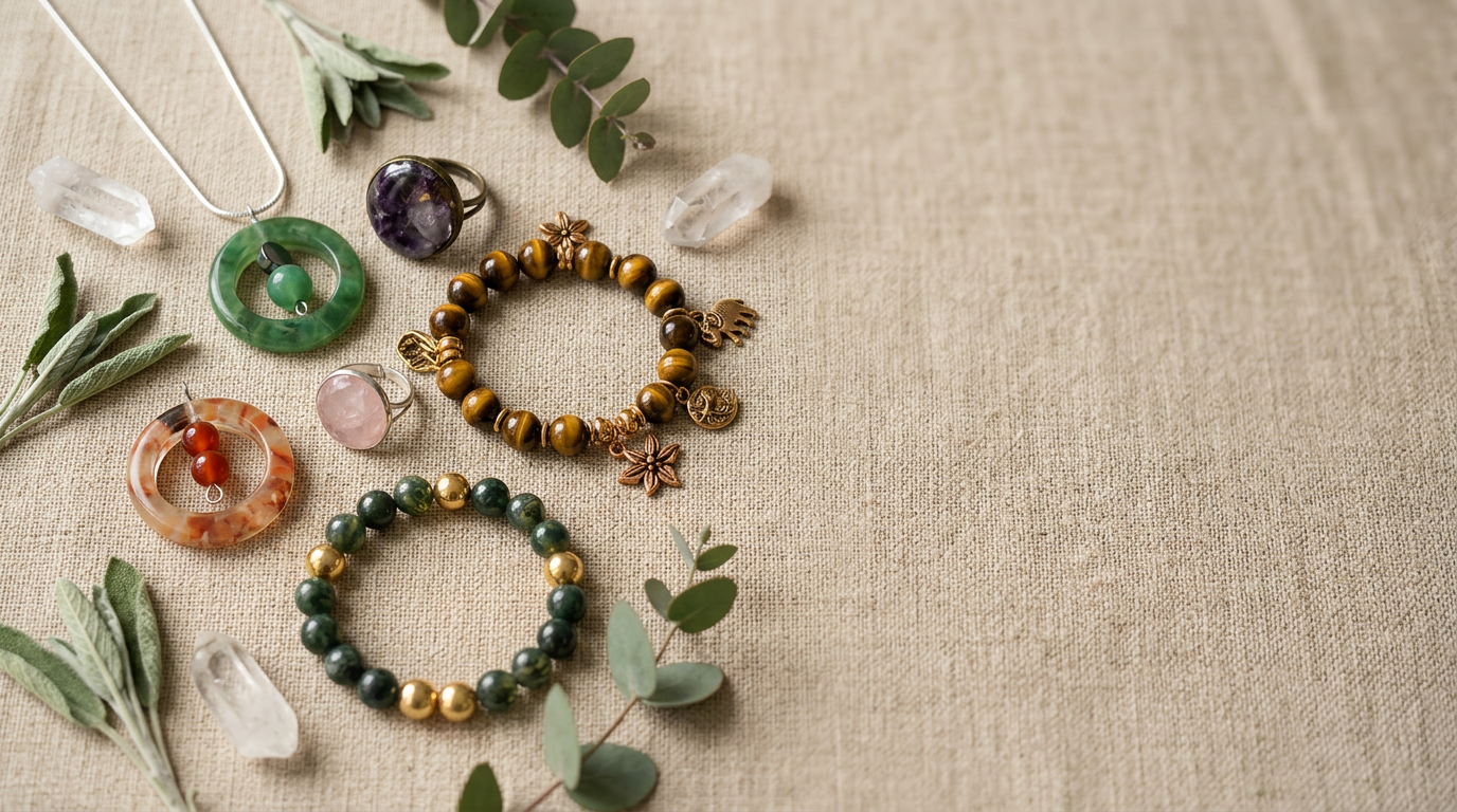 Editorial flat-lay of crystal necklaces, rings and bracelets on warm linen